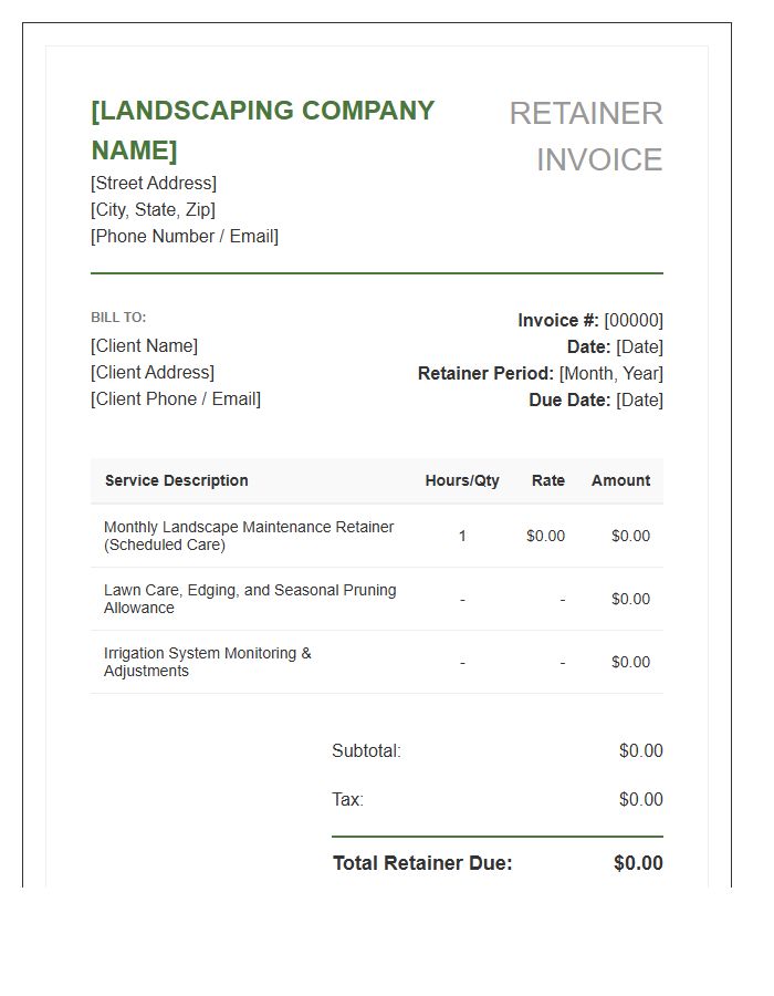 Professional Landscaping Service Retainer Invoice Template