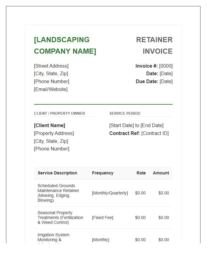 Professional Property Landscaping Retainer Invoice Template