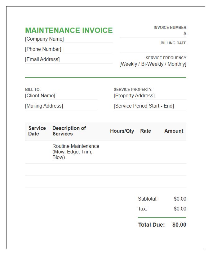 Recurring Landscaping Maintenance Invoice Template