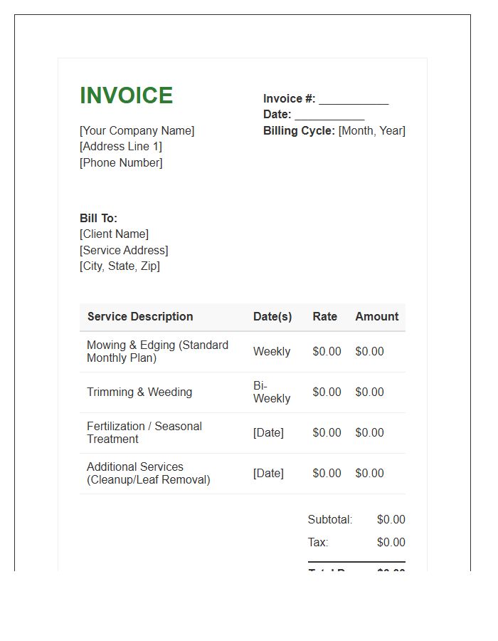 Recurring Monthly Lawn Care Invoice Template