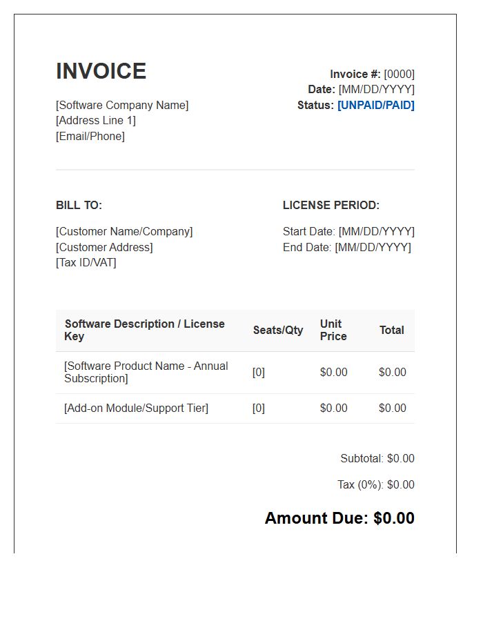 Annual Software License Billing Invoice Template