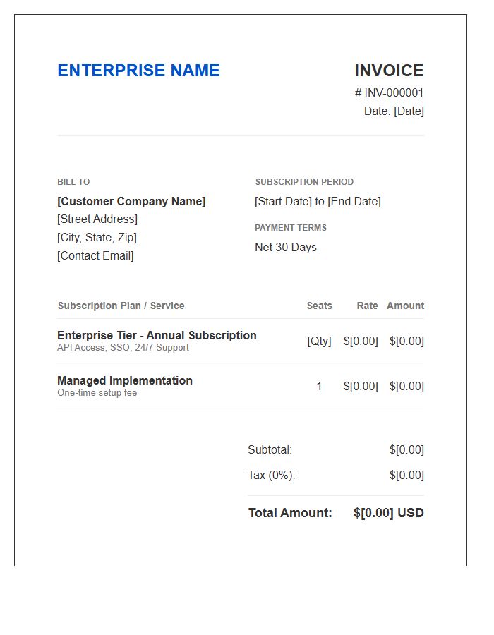 Enterprise Software Subscription Invoice Template