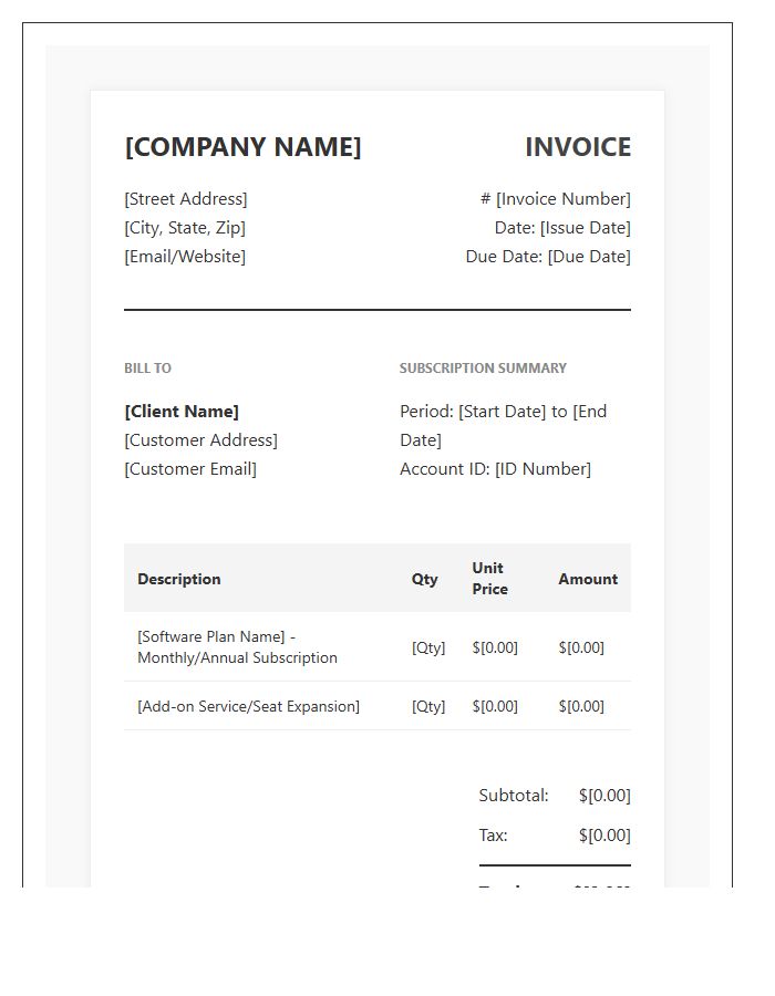 Standard Software Subscription Invoice Template