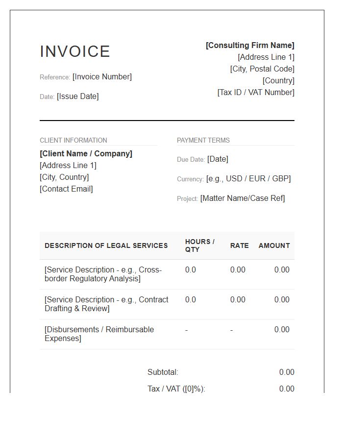 International Legal Consulting Invoice Template