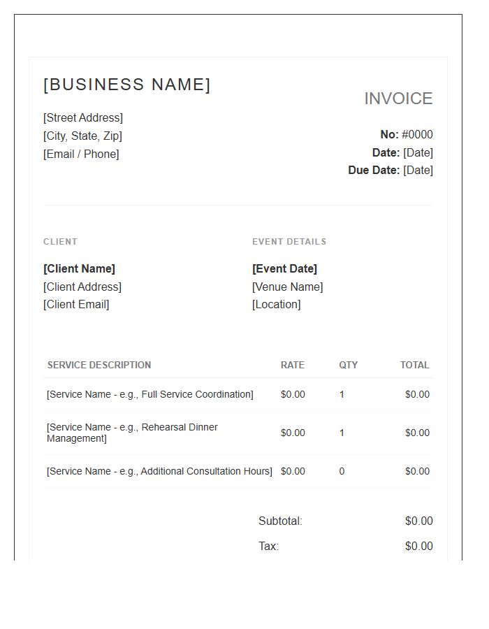 Boutique Wedding Coordination Services Invoice Template