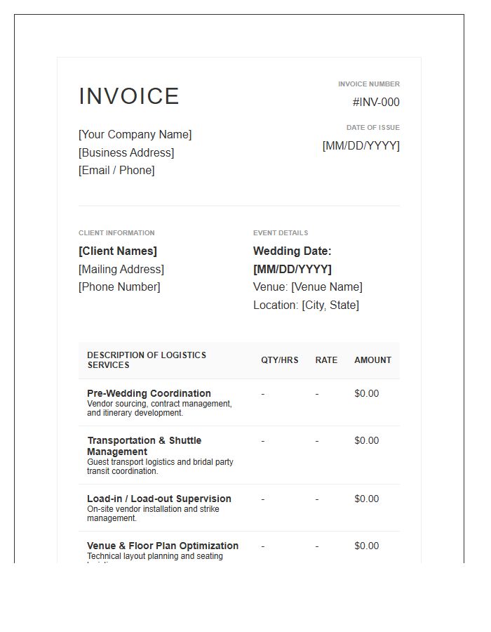 Comprehensive Wedding Logistics Coordination Invoice Template