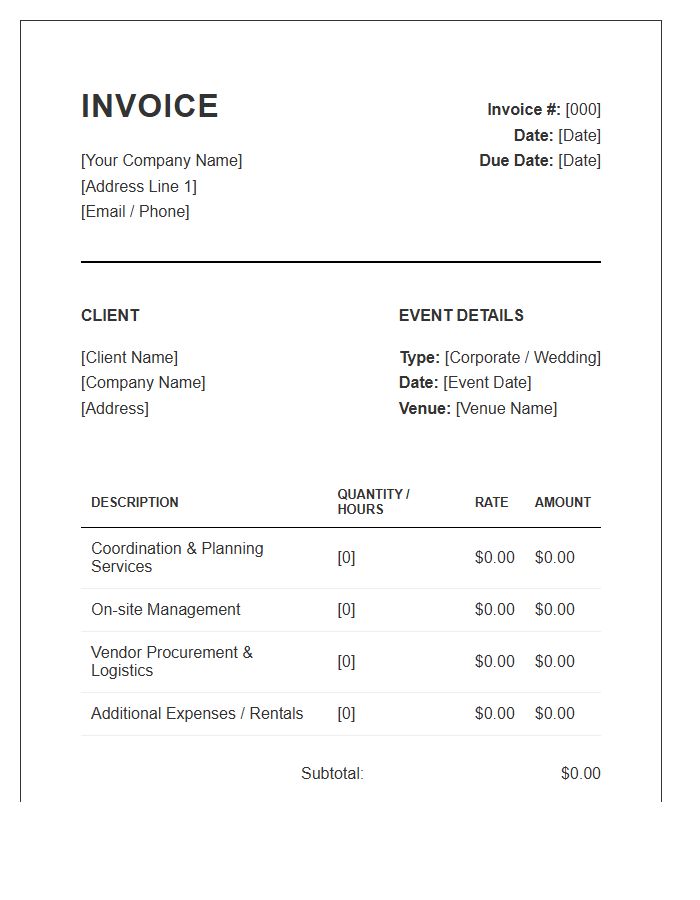Corporate Event And Wedding Coordination Invoice Template