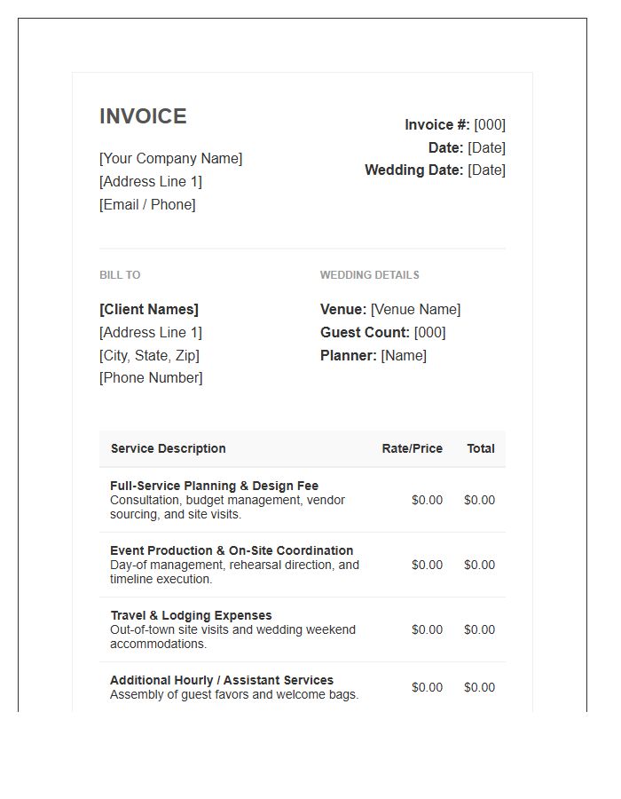 Full Service Wedding Planning Invoice Template