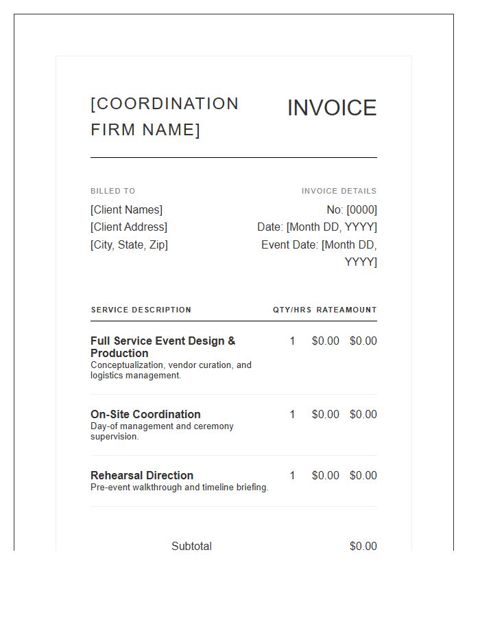 High End Wedding Event Coordination Invoice Template