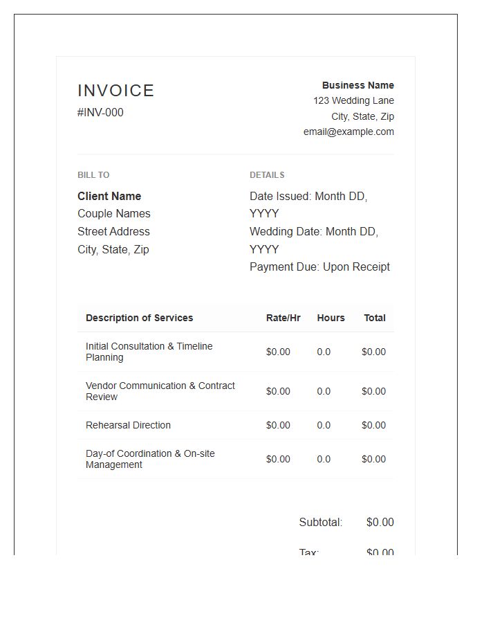Hourly Rate Wedding Coordination Invoice Template