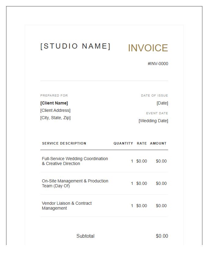 Luxury Wedding Coordination Fees Invoice Template