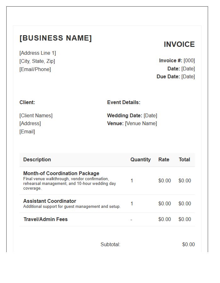 Month Of Wedding Coordination Invoice Template