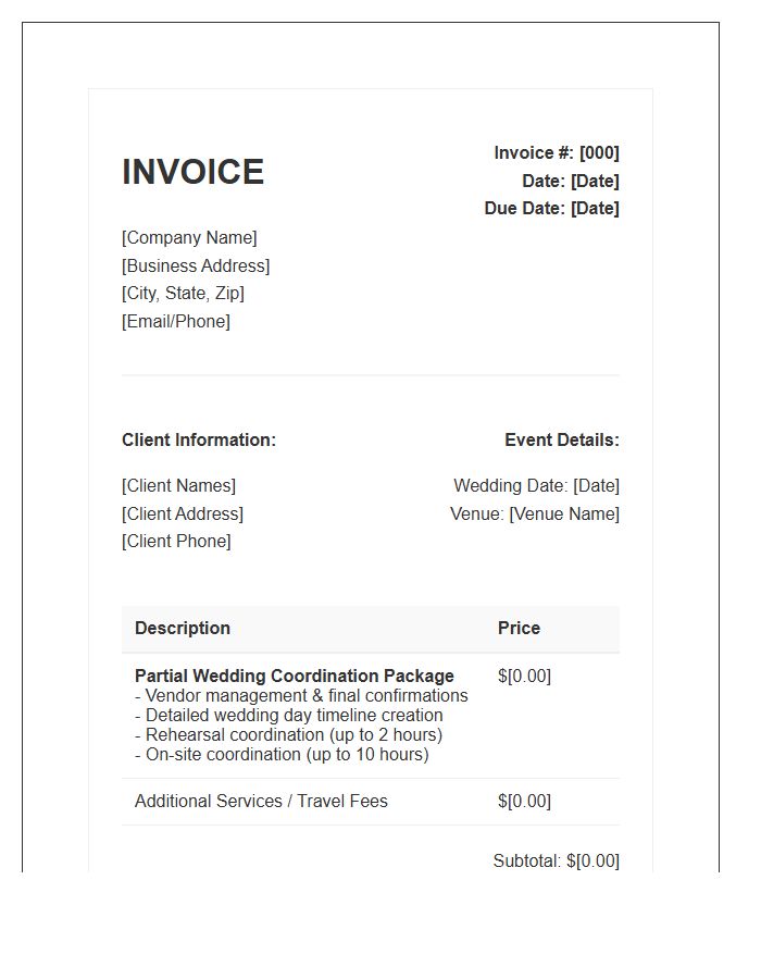 Partial Wedding Coordination Package Invoice Template