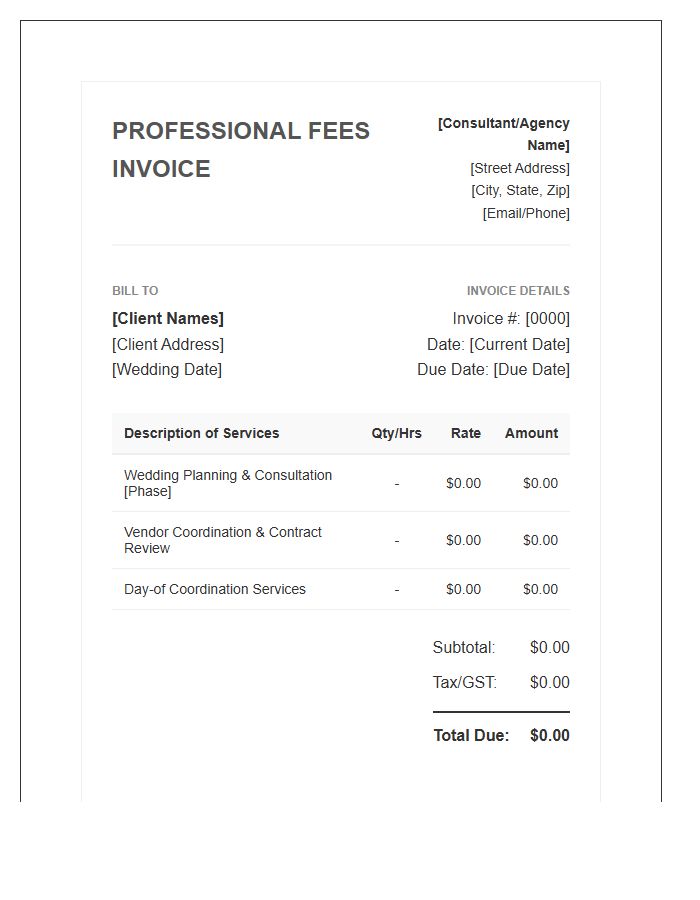 Wedding Consultant Professional Fees Invoice Template