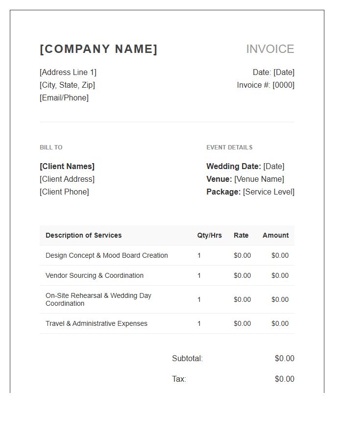 Wedding Event Design And Coordination Invoice Template