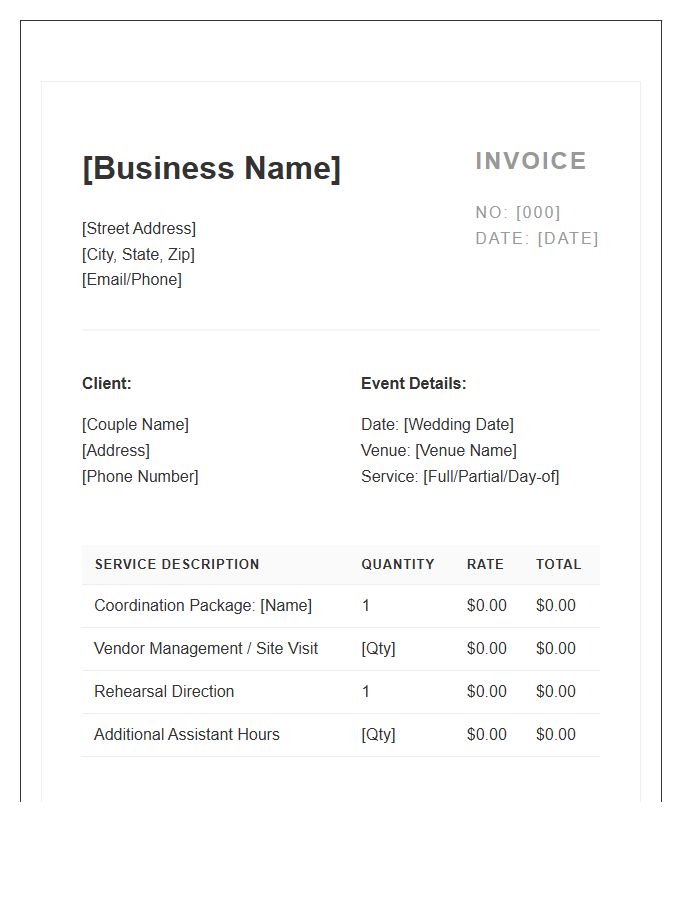 Wedding Planner Coordination Services Invoice Template
