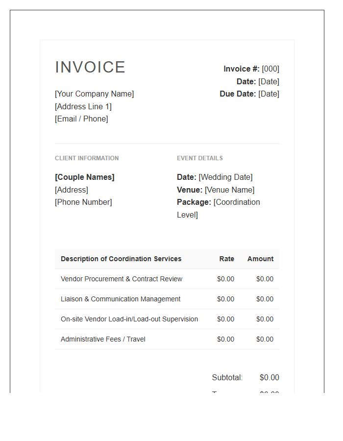 Wedding Vendor Management Coordination Invoice Template
