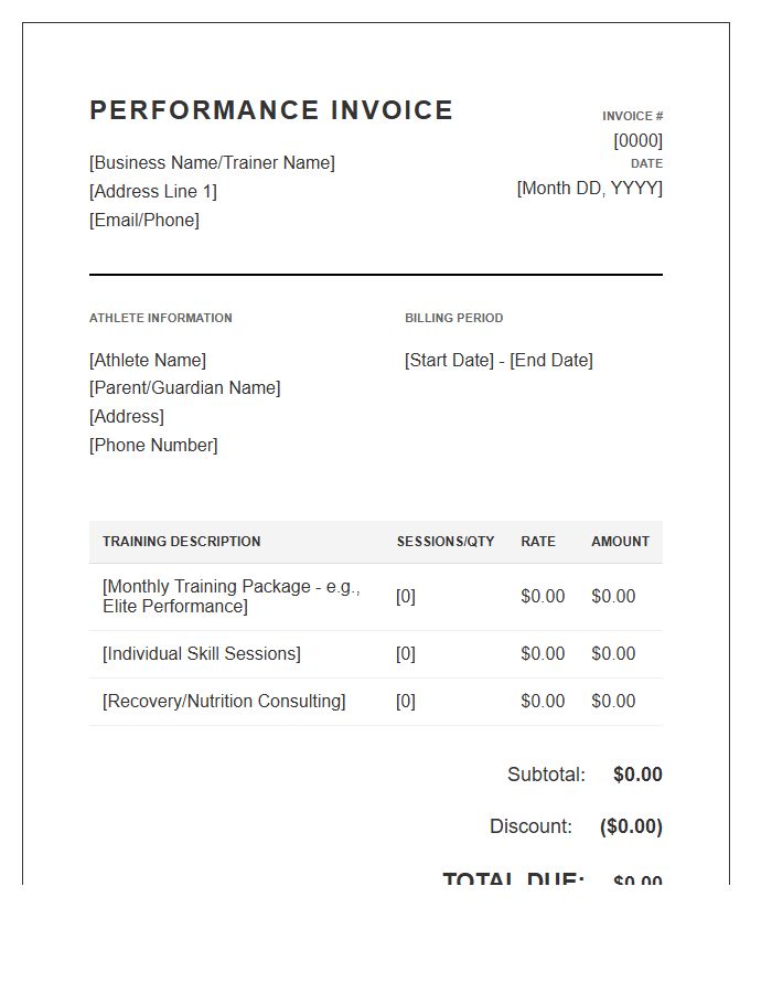 Athletic Performance Training Monthly Invoice Template