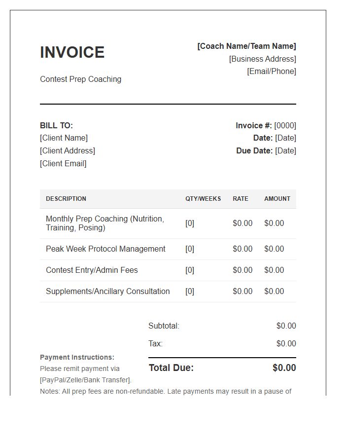 Bodybuilding Contest Prep Coaching Invoice Template