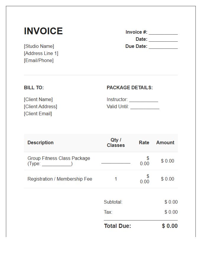 Group Fitness Class Package Invoice Template