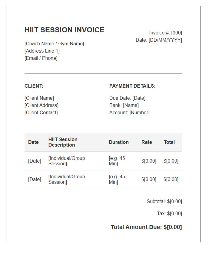 High Intensity Interval Training Session Invoice Template