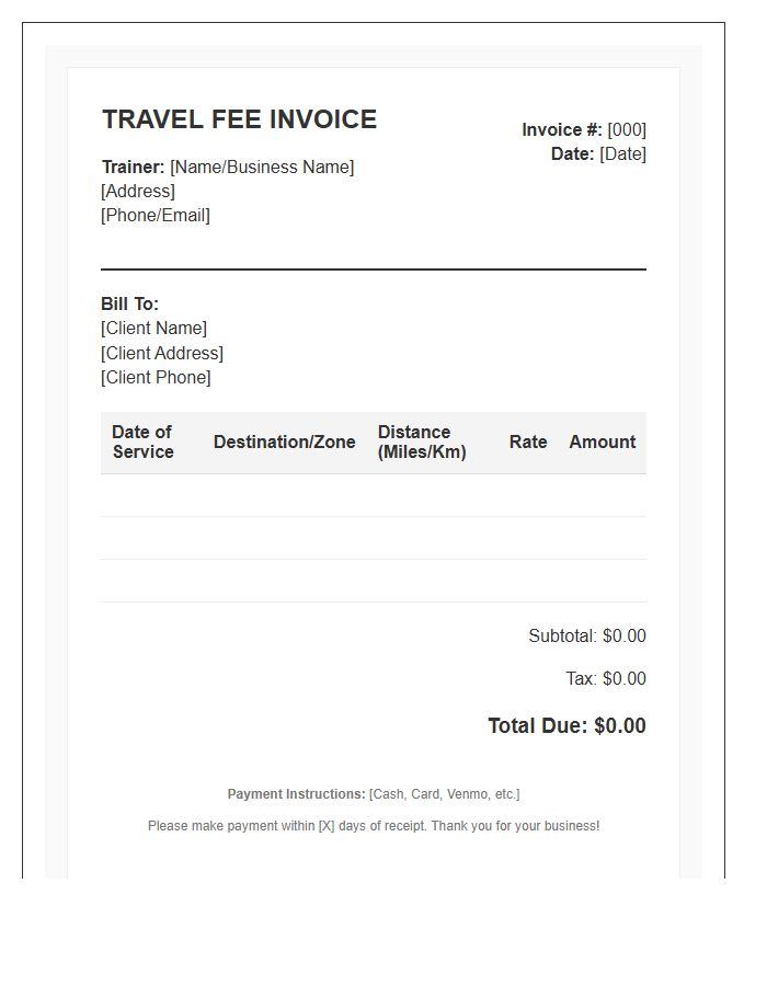 Mobile Fitness Trainer Travel Fee Invoice Template