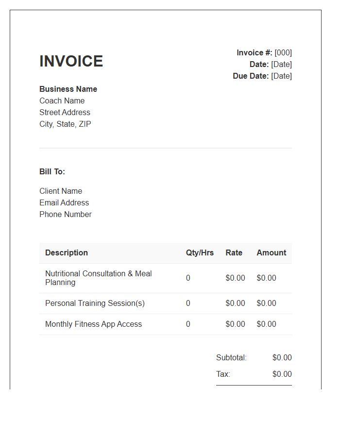 Nutritional Coaching And Fitness Invoice Template
