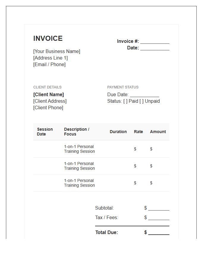 One On One Personal Training Session Invoice Template