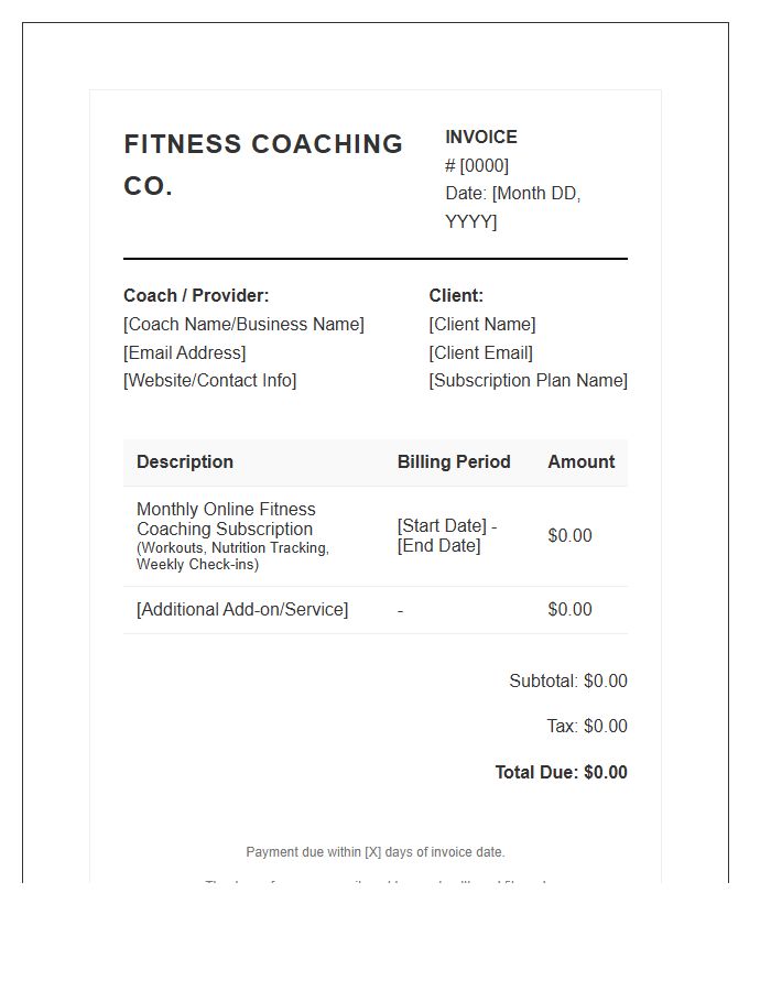 Online Fitness Coaching Monthly Subscription Invoice Template