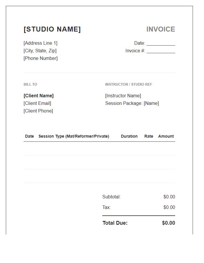 Pilates Studio Client Session Invoice Template