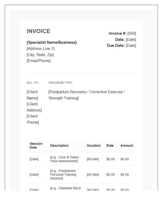 Postpartum Fitness Specialist Session Invoice Template