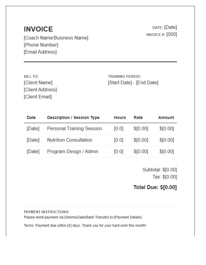Private Fitness Coach Hourly Rate Invoice Template