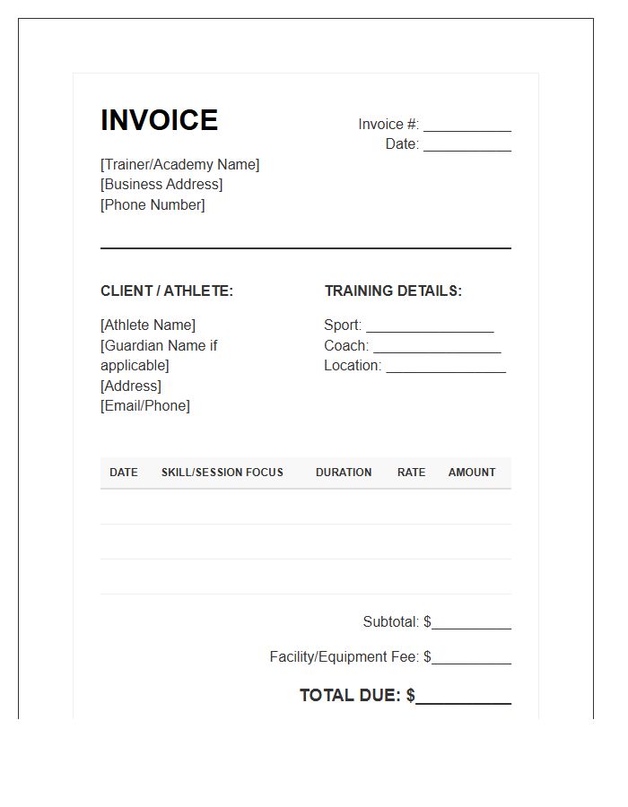 Sports Specific Skill Training Invoice Template