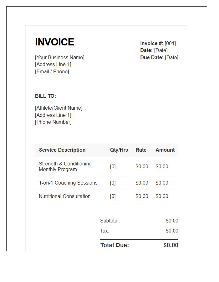 Strength And Conditioning Program Invoice Template