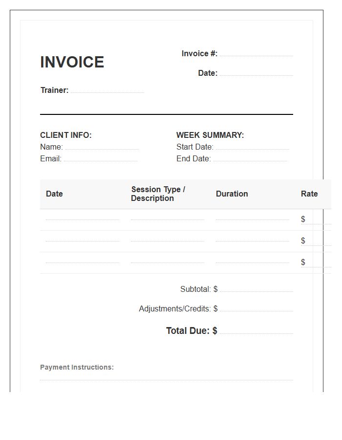 Weekly Personal Training Summary Invoice Template