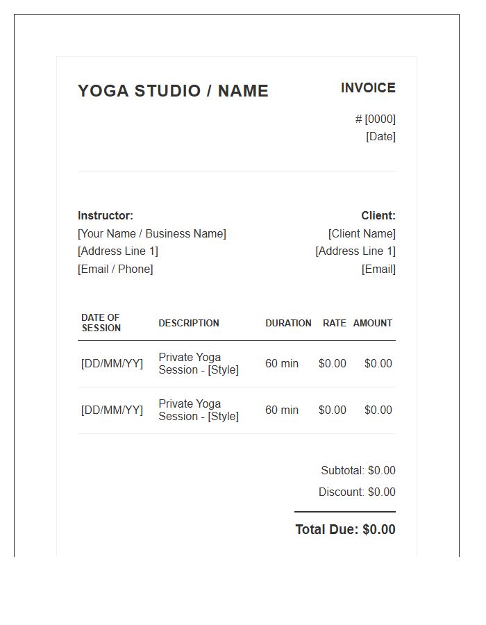 Yoga Instructor Private Session Invoice Template