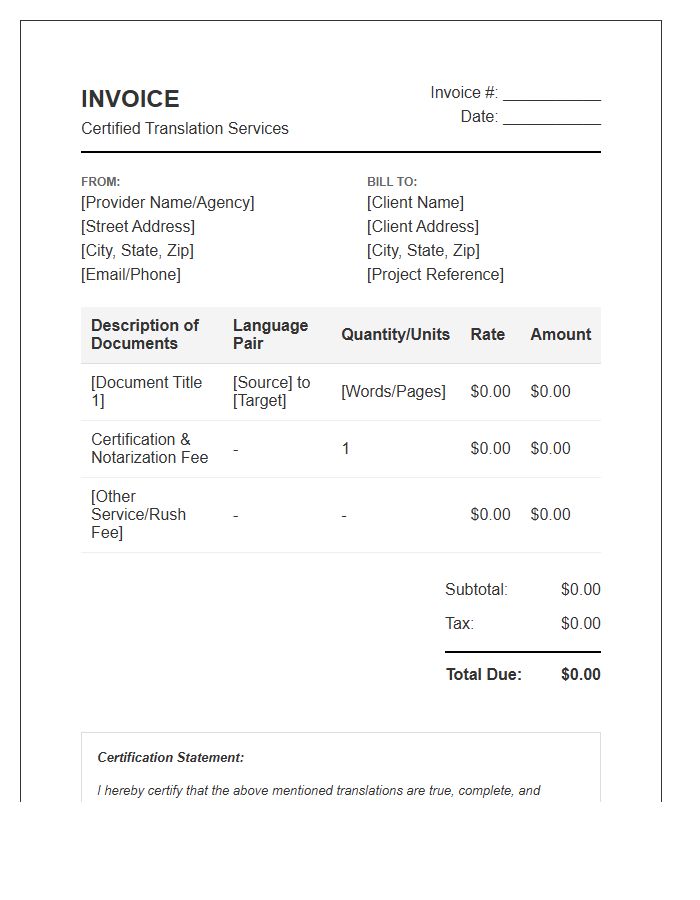Certified Translation Service Invoice Template