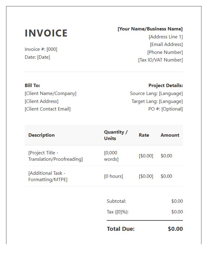 Freelance Translator Professional Invoice Template
