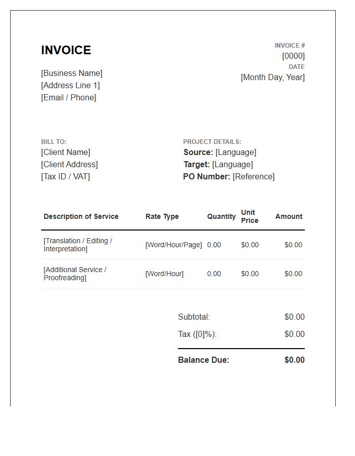 Linguistic Services Business Invoice Template