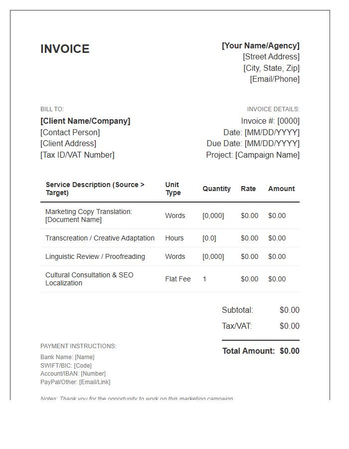Marketing Translation Project Invoice Template