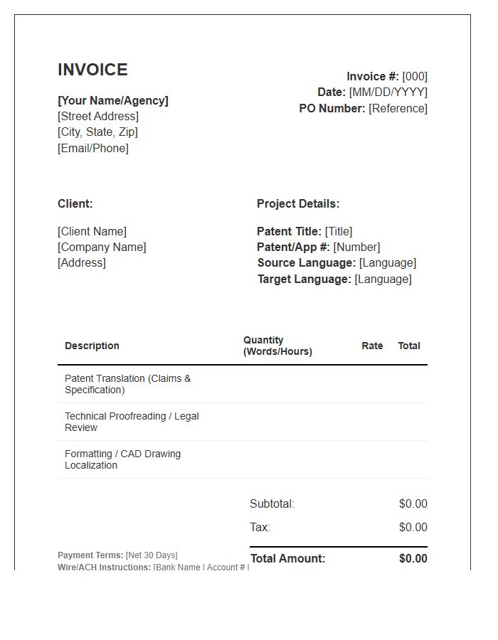 Patent Translation Service Invoice Template