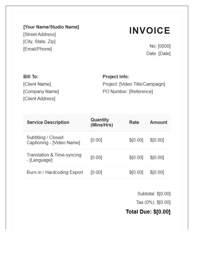 Professional Video Subtitling Invoice Template