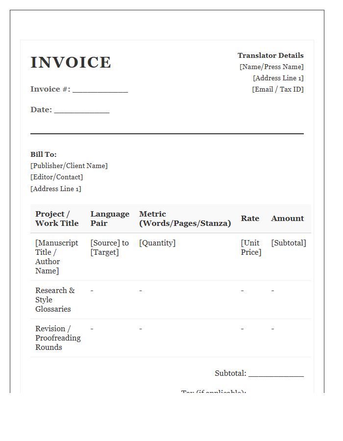 Specialized Literary Translation Invoice Template