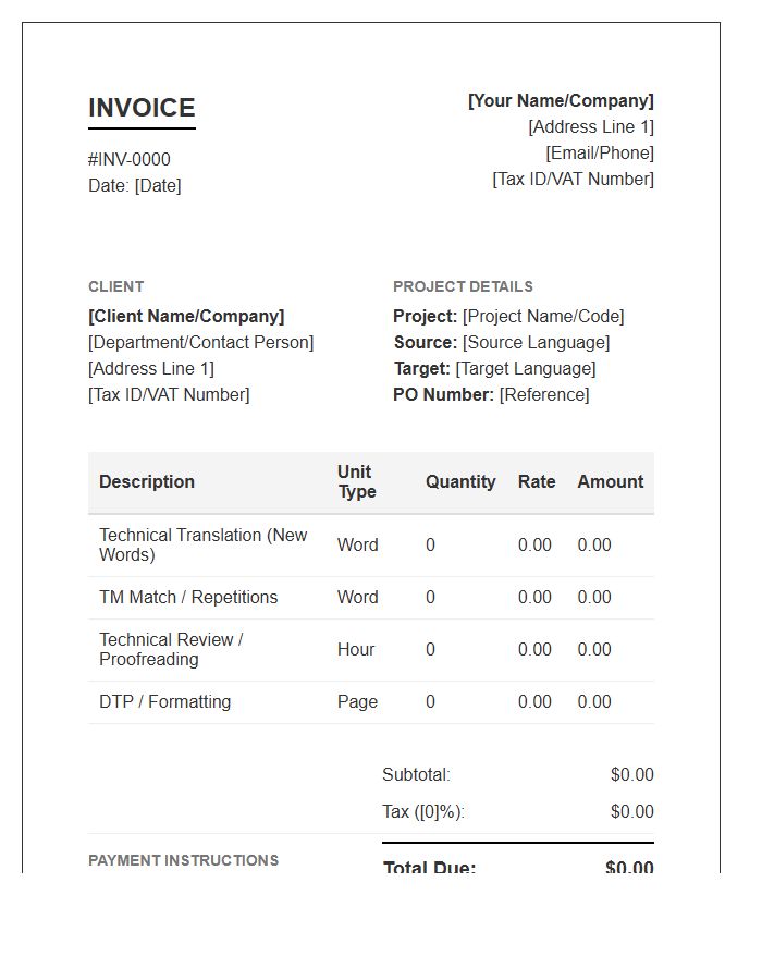 Technical Translation Project Invoice Template