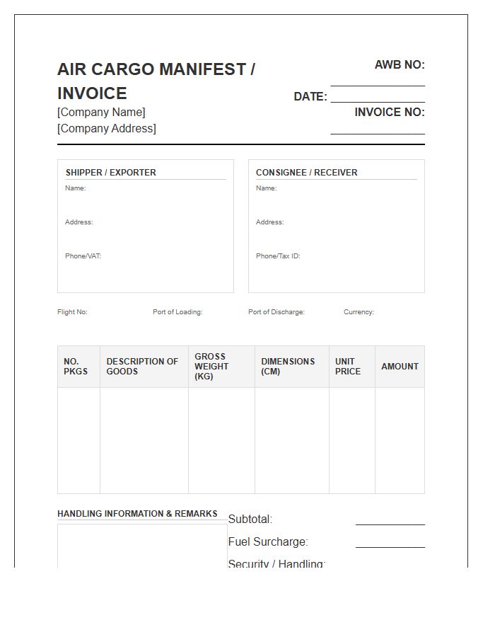 Air Cargo Shipping Manifest Invoice Template