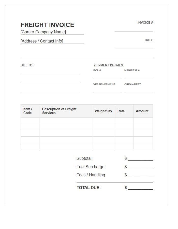 Commercial Freight Manifest Service Invoice Template