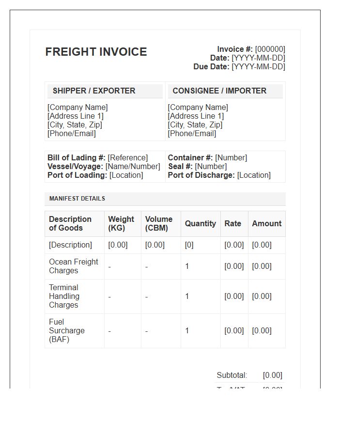 Container Shipping Manifest Freight Invoice Template