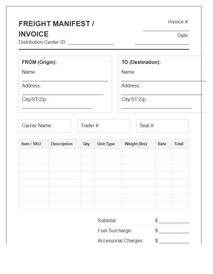 Distribution Center Freight Manifest Invoice Template