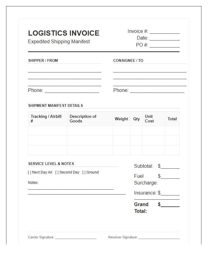 Expedited Shipping Manifest Logistics Invoice Template