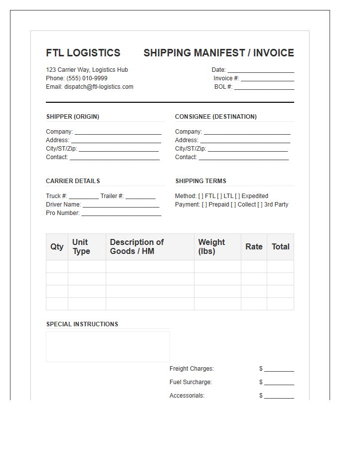 FTL Logistics Shipping Manifest Invoice Template